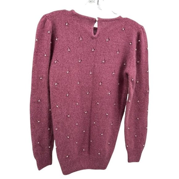 VINTAGE 80's LeRoy Knitwear Silk Angora Sweater Puff Shoulder sewed Pearl M Rose - Picture 3 of 7